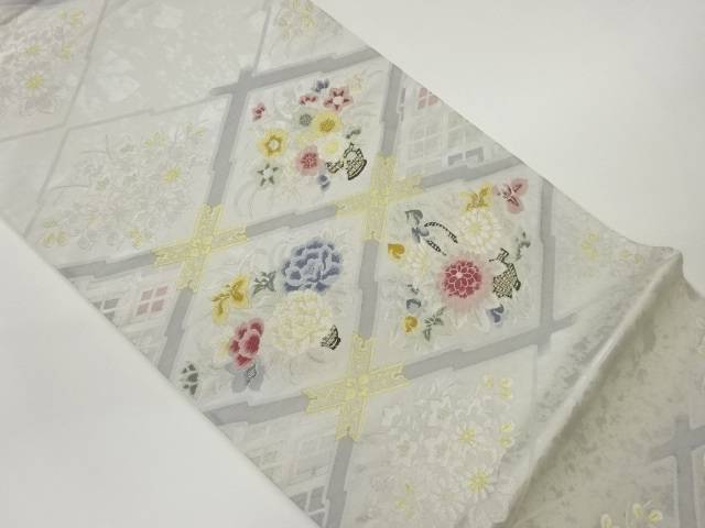 引箔松皮菱・格天井に花籠模様織出し袋帯【中古】【着】