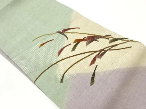 手織り紬汕頭刺繍抽象枝葉模様名古屋帯【中古】【着】 手織り紬汕頭刺繍抽象枝葉模様名古屋帯【中古】【着】