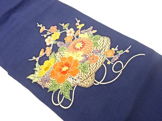 上代紬型染縮緬地椿・菊・梅模様名古屋帯【中古】【着】