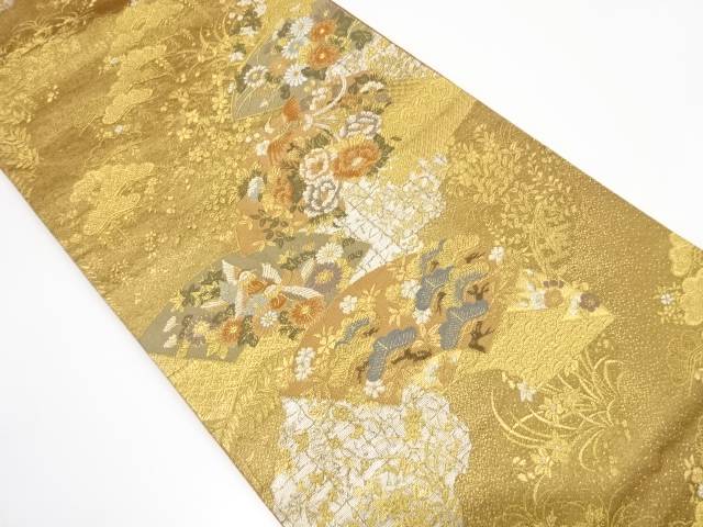地紙に鴛鴦・鳳凰・草花模様織り出し 袋帯【中古】【着】