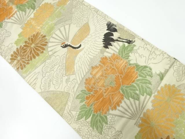 アンティーク　扇に鶴・花模様織出し名古屋帯（材料）【Pnt】