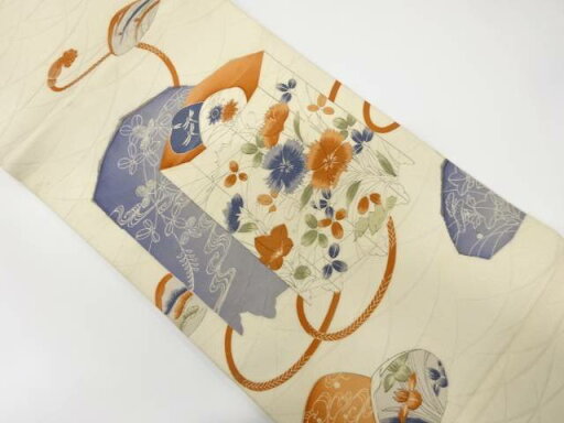 手描き 貝桶に草花模様丸帯(材料)【アンティーク】【中古】【着】【sp_off】 手描き 貝桶に草花模様丸帯(材料)【アンティーク】【中古】【着】【sp_off】