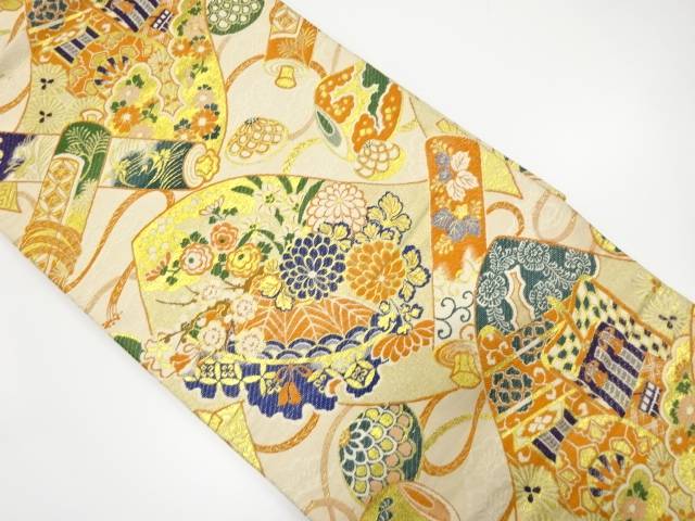 蒔絵に花籠・御所車模様織り出し丸帯(材料)【アンティーク】【中古】【着】