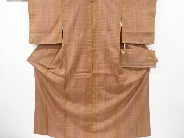 八屋享兵衛　柿渋染　格子模様手織り節紬着物【中古】【着】