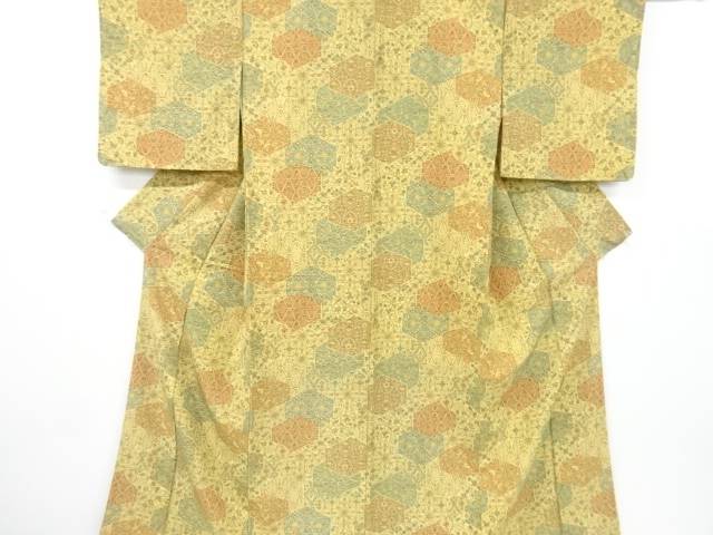 亀甲に花更紗模様手織り紬着物【中古】【着】【sp_off】