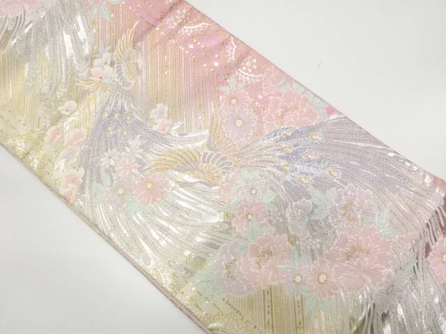 孔雀に牡丹模様織り出し 袋帯【中古】【着】
