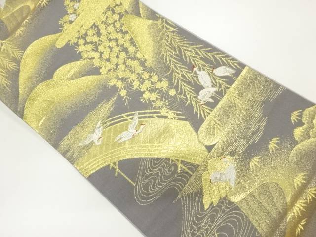 枝垂れ桜に鷺模様織出し袋帯【中古】【着】
