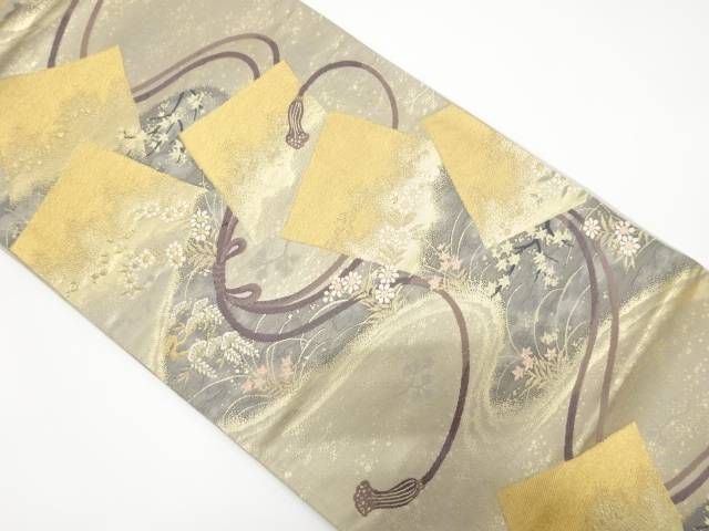 流水に色紙・組紐・草花模様織り出し袋帯（材料）【アンティーク】【中古】【着】