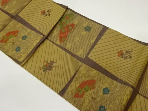 色紙に松・桐・扇模様織出し袋帯【中古】【着】 色紙に松・桐・扇模様織出し袋帯【中古】【着】
