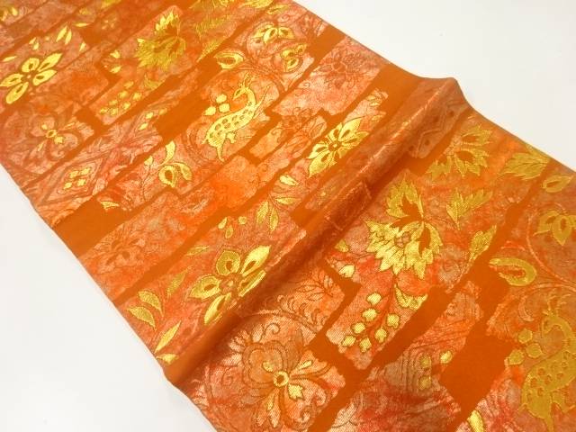 変わり横段に動物・花模様織出し袋帯【中古】【着】(4)