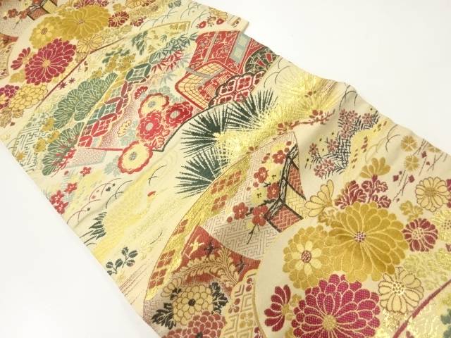 地紙に松菊・御所車模様織出し名古屋帯(材料)【アンティーク】【中古】【着】