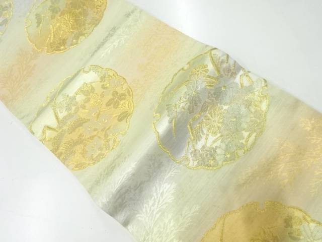 雪輪に秋草模様織出し袋帯(材料)【アンティーク】【中古】【着】