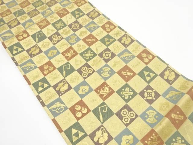 枡に宝尽くし模様織り出し 袋帯【中古】【着】