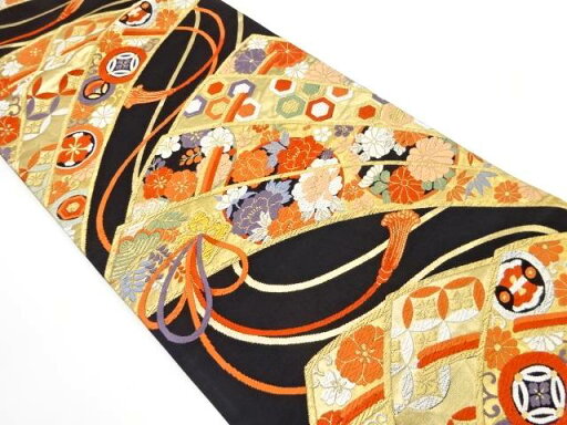 桧扇に花丸文・古典柄織り出し 袋帯【中古】【着】 桧扇に花丸文・古典柄織り出し 袋帯【中古】【着】