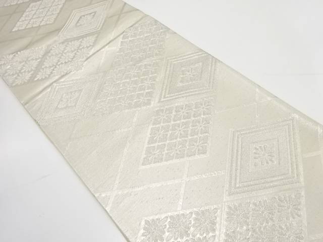 菱に花模様織り出し袋帯（材料）【アンティーク】【中古】【着】