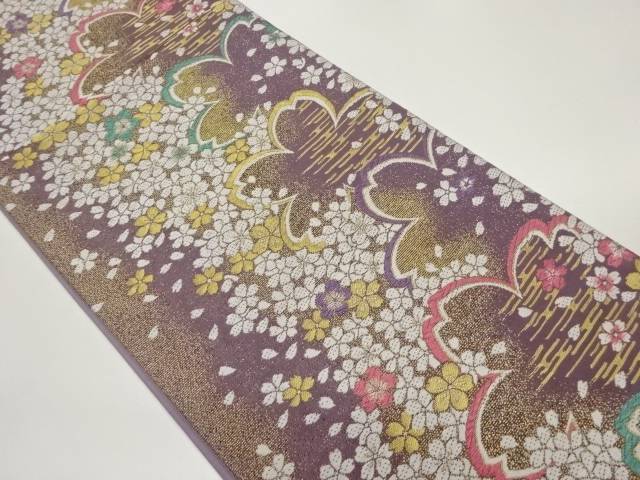 桜にヱ霞模様織出し袋帯【中古】【着】