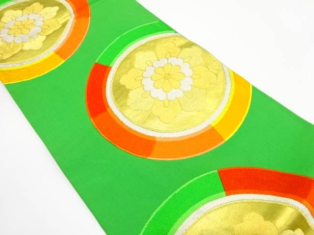 丸紋に花模様織り出し袋帯（材料）【アンティーク】【中古】【着】
