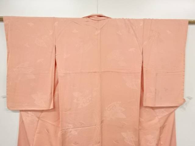 扇に花古典柄模様織出し色無地着物【中古】【着】