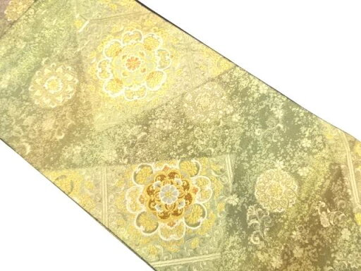 引箔 切りばめ風 華紋に花唐草模様織り出し 袋帯【中古】【着】 引箔 切りばめ風 華紋に花唐草模様織り出し 袋帯【中古】【着】