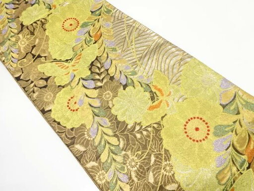 蝶に草花模様織り出し 振袖用袋帯【中古】【着】 蝶に草花模様織り出し 振袖用袋帯【中古】【着】