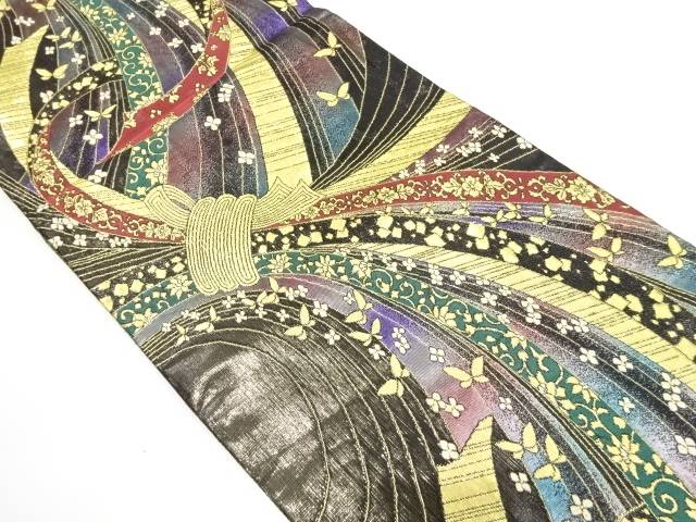 束ね熨斗に蝶・箔散らし模様織り出し 振袖用袋帯【中古】【着】