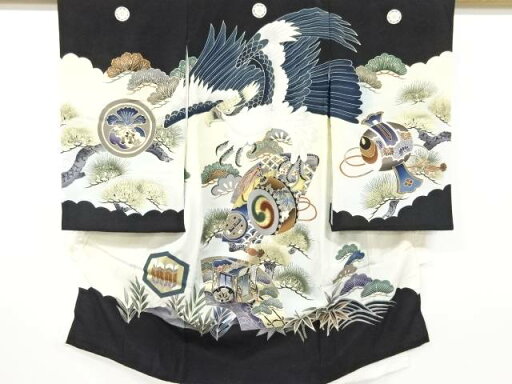 鷹に松笹模様紋付男児着物(内袖・長襦袢付き)【アンティーク】【中古】【着】 鷹に松笹模様紋付男児着物(内袖・長襦袢付き)【アンティーク】【中古】【着】