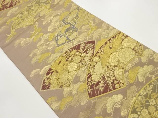 金糸松に鶴・地紙・花鳥模様織出し袋帯【中古】【着】