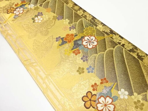扇に梅・蝶模様織り出し 振袖用袋帯【中古】【着】 扇に梅・蝶模様織り出し 振袖用袋帯【中古】【着】