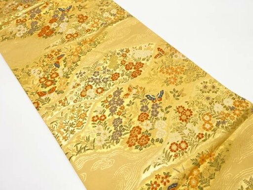 蝶に流水・草花模様織り出し 袋帯【中古】【着】 蝶に流水・草花模様織り出し 袋帯【中古】【着】