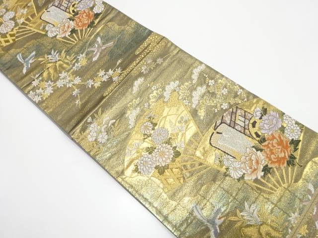 二十四金二重織 扇面に御所車・花鳥模様織り出し 袋帯【中古】【着】