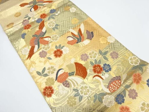 佐賀錦 鴛鴦・枝垂れ桜模様織り出し 袋帯【中古】【着】 佐賀錦 鴛鴦・枝垂れ桜模様織り出し 袋帯【中古】【着】