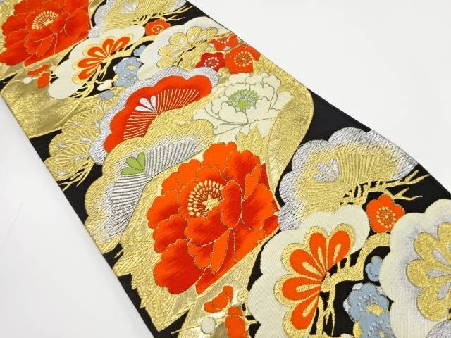 牡丹に笠松・梅模様織り出し袋帯（材料）【アンティーク】【中古】【着】