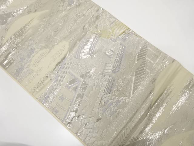 屋敷風景模様織り出し袋帯（材料）【アンティーク】【中古】【着】