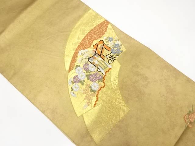 重ね地紙に御所車・花模様織り出し 袋帯【中古】【着】