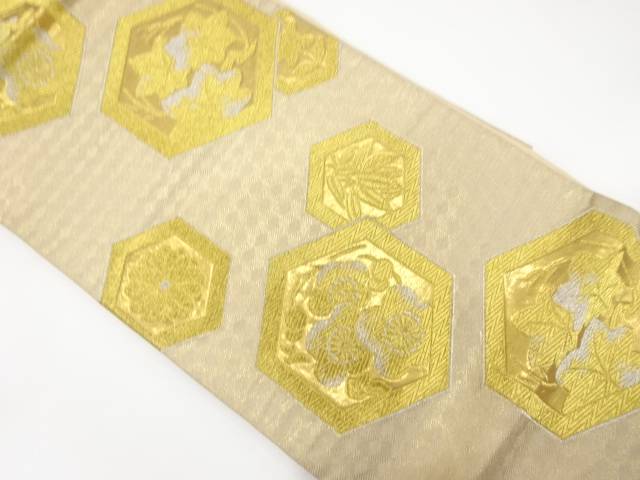 亀甲に紅葉・梅模様織り出し袋帯(材料)【アンティーク】【中古】【着】