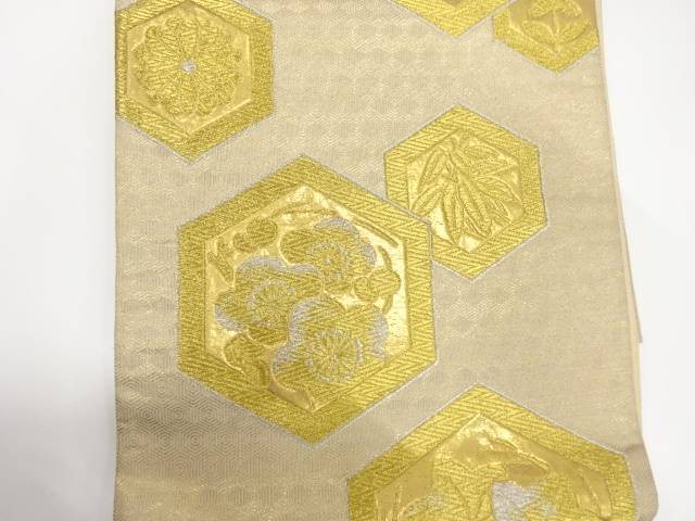 亀甲に紅葉・梅模様織り出し袋帯（材料）【アンティーク】【中古】【着】