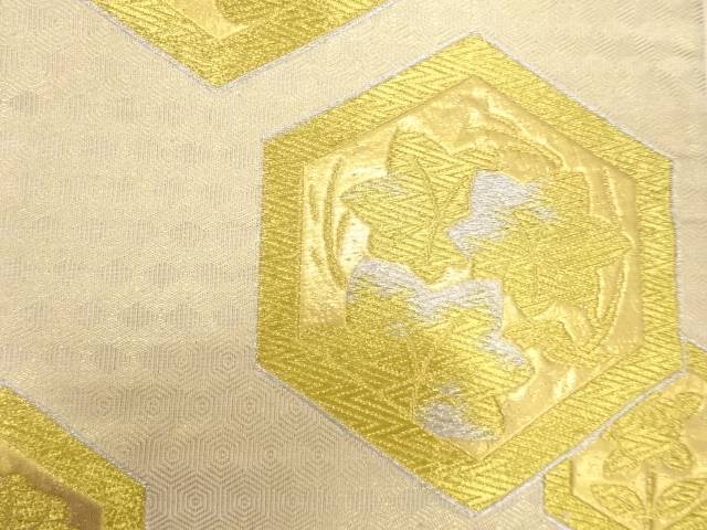 亀甲に紅葉・梅模様織り出し袋帯（材料）【アンティーク】【中古】【着】