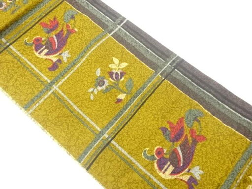 ふくれ織格子に抽象草花・鳥模様全通洒落袋帯【中古】【着】 ふくれ織格子に抽象草花・鳥模様全通洒落袋帯【中古】【着】