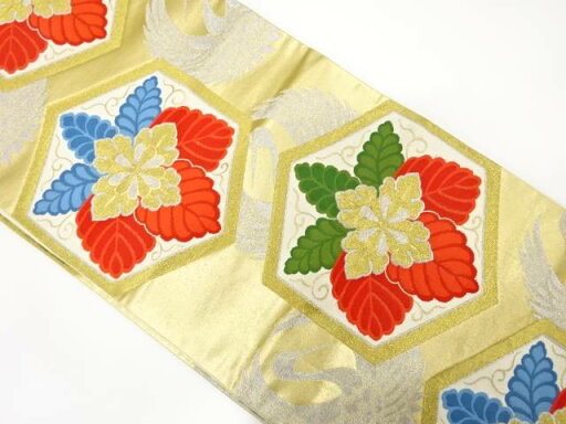亀甲に花・鶴模様織り出し袋帯(材料)【アンティーク】【中古】【着】 亀甲に花・鶴模様織り出し袋帯(材料)【アンティーク】【中古】【着】