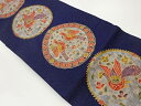 金彩銀通し丸文に孔雀・向かい鳥・草花模様名古屋帯【中古】【着】