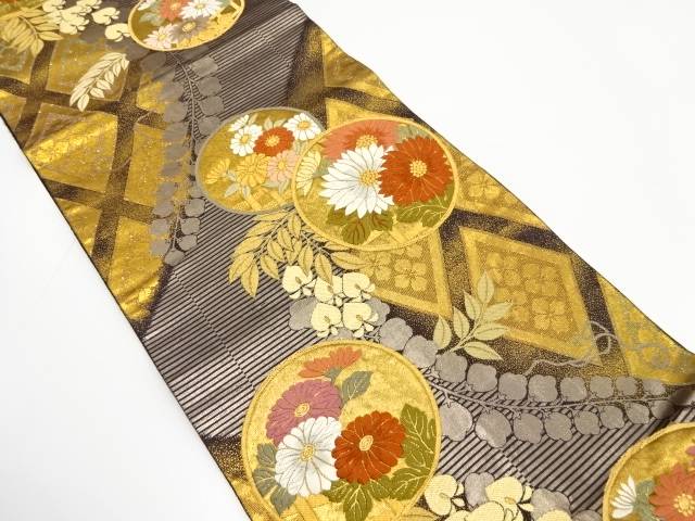 花丸紋に藤模様織り出し 全通 振袖用袋帯【中古】【着】