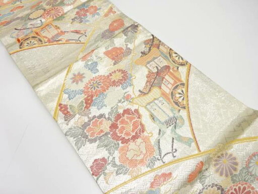 佐賀錦 雪輪に御所車・蝶・花模様織出し袋帯【中古】【着】 佐賀錦 雪輪に御所車・蝶・花模様織出し袋帯【中古】【着】