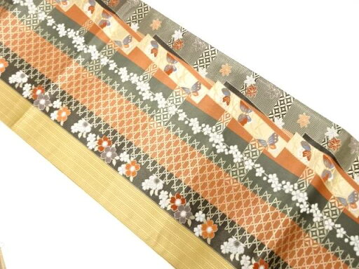 未使用品 縞に短冊・蝶・花模様織出し全通袋帯【着】 未使用品 縞に短冊・蝶・花模様織出し全通袋帯【着】