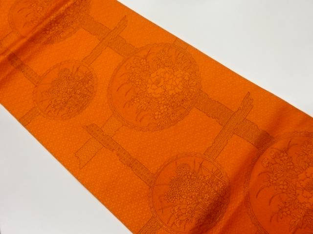 本場筑前博多変わり格子に丸文・草花模様織出し名古屋帯【中古】【着】