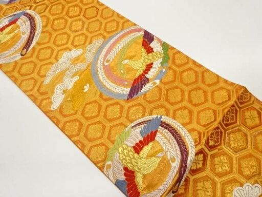 鳳凰に松・亀甲花菱模様織出し袋帯【中古】【着】 鳳凰に松・亀甲花菱模様織出し袋帯【中古】【着】