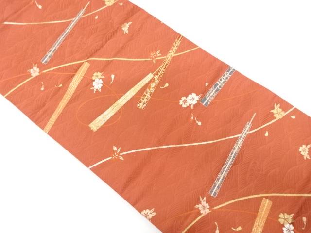 扇に桜散らし模様織り出し　名古屋帯【中古】【着】(4)