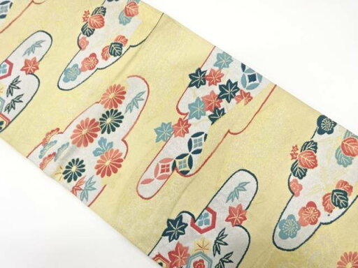 霞取りに松竹梅・桐・菊模様織り出し袋帯(材料)【アンティーク】【中古】【着】 霞取りに松竹梅・桐・菊模様織り出し袋帯(材料)【アンティーク】【中古】【着】