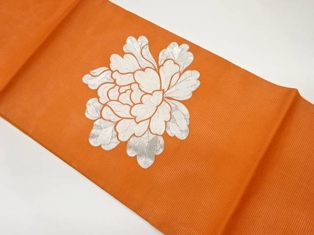 絽銀駒刺繍花模様開き名古屋帯（額縁仕立て）【中古】【着】