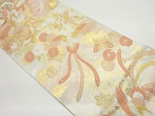 唐織鳳凰に秋草・蝶模様織出し袋帯【中古】【着】 唐織鳳凰に秋草・蝶模様織出し袋帯【中古】【着】