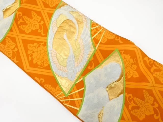 扇に鶴・笠松模様織り出し袋帯（着用可）【アンティーク】【中古】【着】
